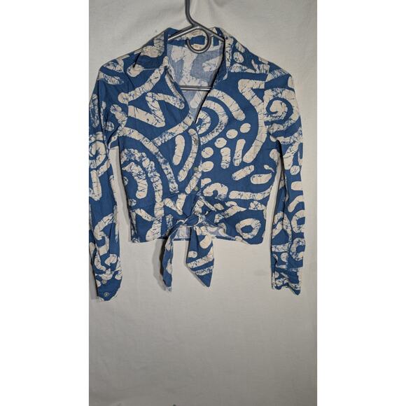 Haute Hippie Womens Linen Blend Cropped Button Up Sz XS Blue Abstract Tie Front - Picture 1 of 7